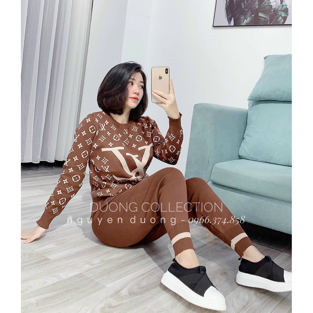 Bộ Quần Áo Len Nữ LV, Set Len Co Dãn Giữ Nhiệt - Màu Nâu