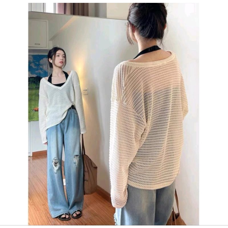 Sét Áo len lưới mỏng cổ V + Áo yếm croptop