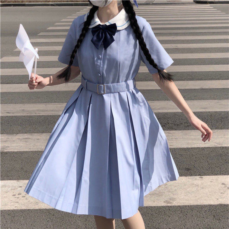 Váy xòe xếp ly cổ búp bê thắt nơ học sinh Nhật Bản