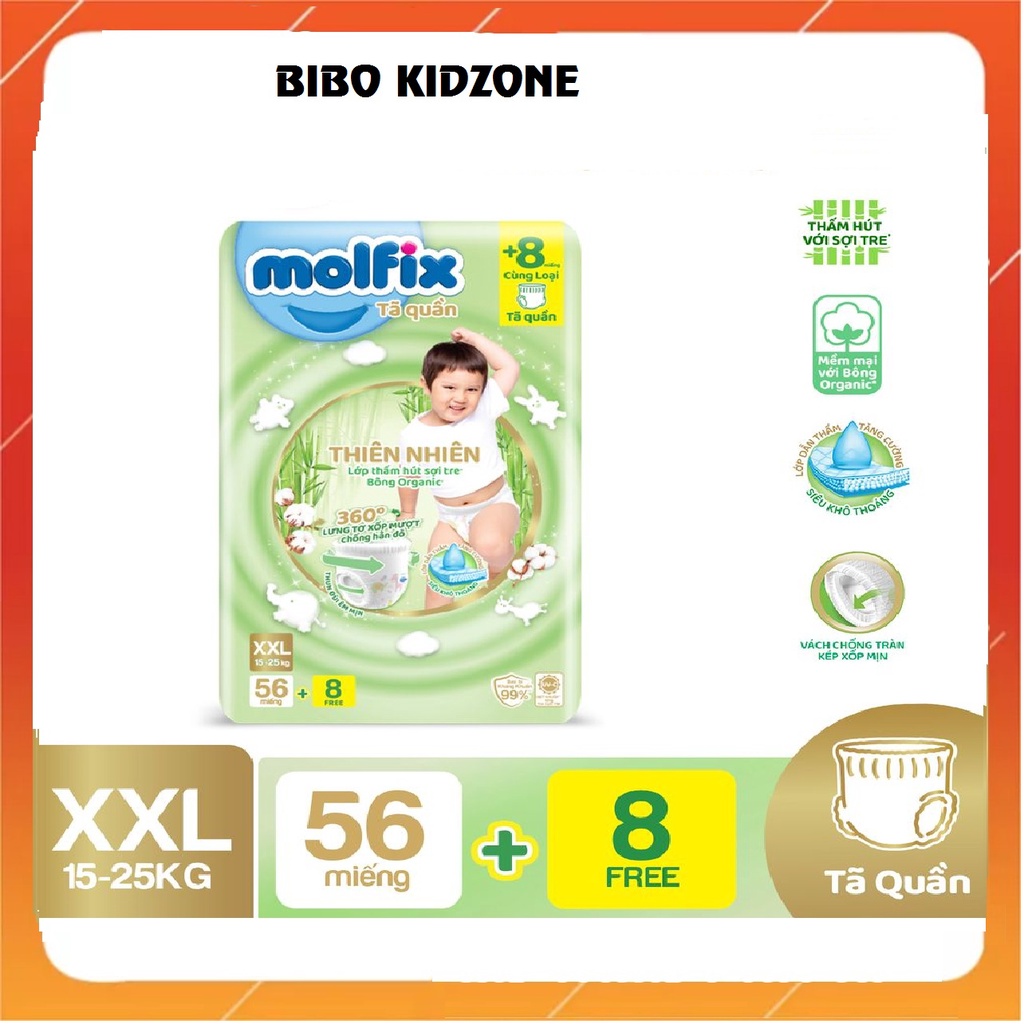 Bỉm quần Molfix thành phần sợi tre, bông organic cộng miếng, gói siêu to- size XXL - Gói 56+8 miếng