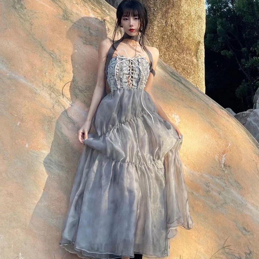 Đầm Hai Dây Phối Lưới Cột Dây Ngực Phong Cách Retro Pháp Thời Trang Đi Biển