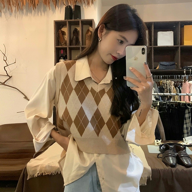 Áo dệt kim SUXI không tay cổ chữ V họa tiết kẻ sọc thời trang xuân thu cổ điển dễ phối đồ cho nữ