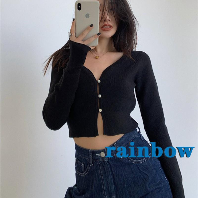 Áo Thun Lửng Tay Dài Màu Trơn Phối Hàng Nút Màu Cầu Vồng Thời Trang Cho Nữ | BigBuy360 - bigbuy360.vn