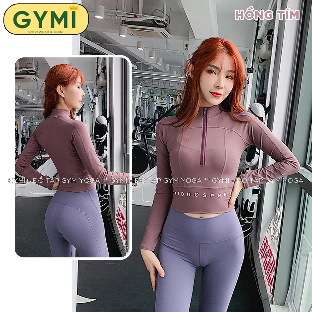 Áo tập gym yoga nữ dài tay GYMI AD13 dáng croptop thể thao có khoá kéo chất thun poly mịn mát co giãn