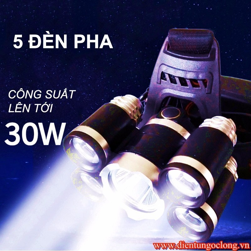 Đèn Đội Đầu 5 Mắt T6M5 Pin Sạc