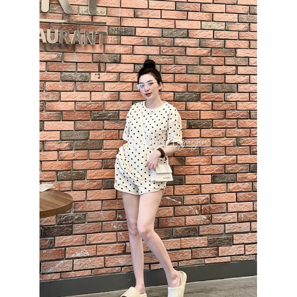 [XẢ KHO] Set mặc nhà chấm bi cộc đùi màu be chất cotton thoáng mát