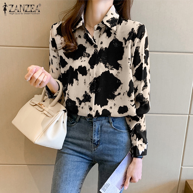Áo sơ mi ZANZEA tay dài cổ bẻ dáng rộng họa tiết màu tương phản phong cách hàn quốc thời trang thường ngày cho nữ