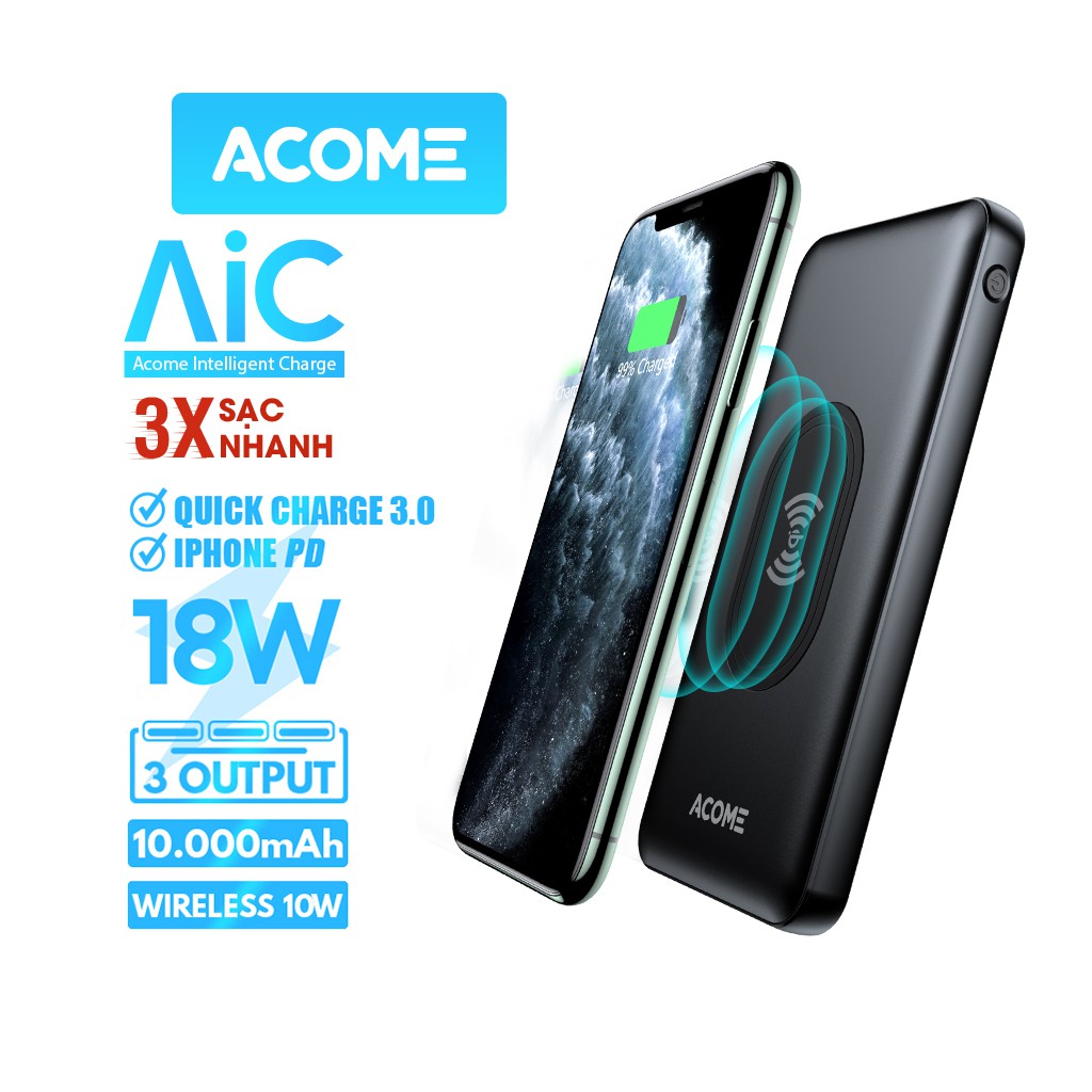 Pin Sạc Dự Phòng 10.000mAh ACOME AP106 Sạc Không Dây Qi Sạc Nhanh PD QC3.0 18W Hàng Chính Hãng Bảo Hành 18 Tháng