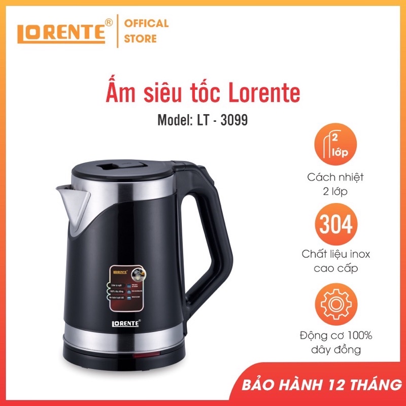 Ấm siêu tốc cao cấp Lorente LT-3099- LT 3088 Bình đun siêu tốc dung tích 2,5L chính hãng (BH12 tháng)