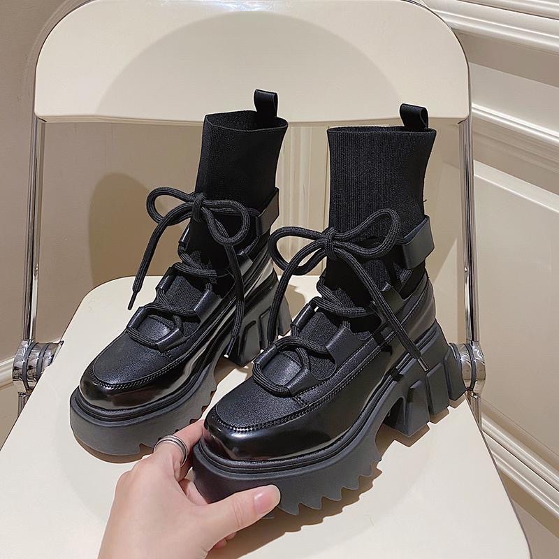 Boot nữ cao cổ phối cổ chun dây buộc đế răng cưa cực chất| N12