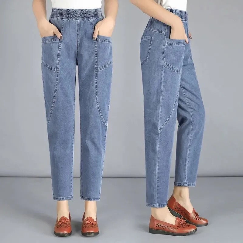 Quần Jeans Dài Lưng Cao Dáng Ôm Dày Dặn Thời Trang Mùa Thu Cho Nữ Trung Niên