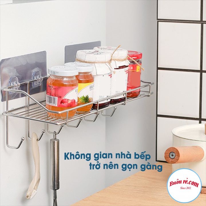 Kệ nhà tắm inox dán tường nhà bếp kèm 6 móc TẶNG 2 MIẾNG DÁN ĐÔI - Giá inox để đồ phòng tắm chắc chắn 01585 -01586