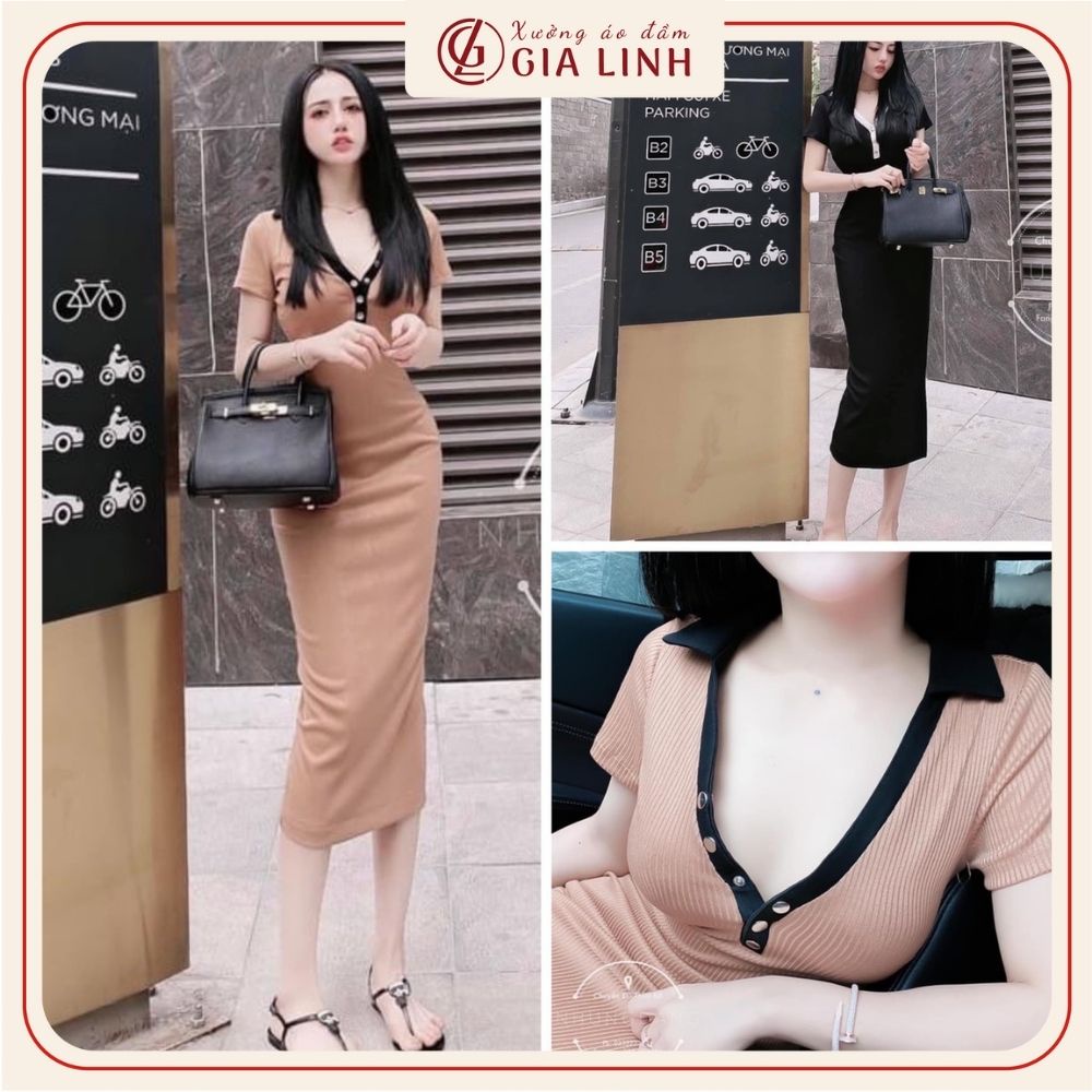 Đầm body dáng dài cổ họa tiết cúc bấm, váy ngắn tay chất thun gân co giãn tốt