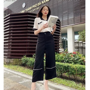 Quần nữ ống rộng lưng cao dáng suông phối viền fmstyle, quần tây nữ lưng cao đi học đi làm | Fmstyle