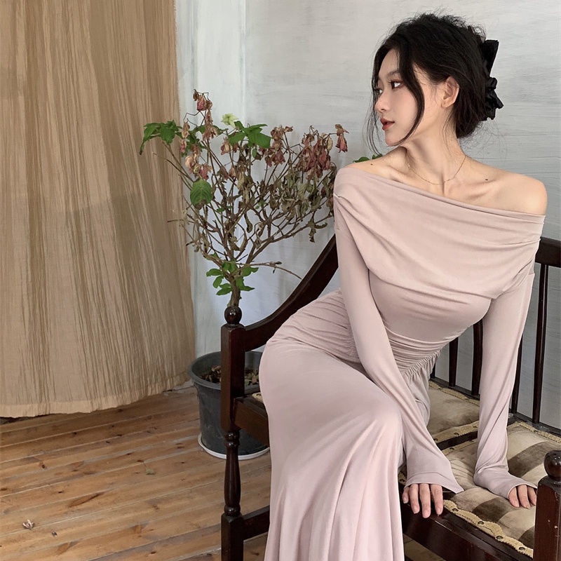 COZOK Đầm Trễ Vai Tay Dài Dáng Ôm Thời Trang Quyến Rũ Cho Nữ