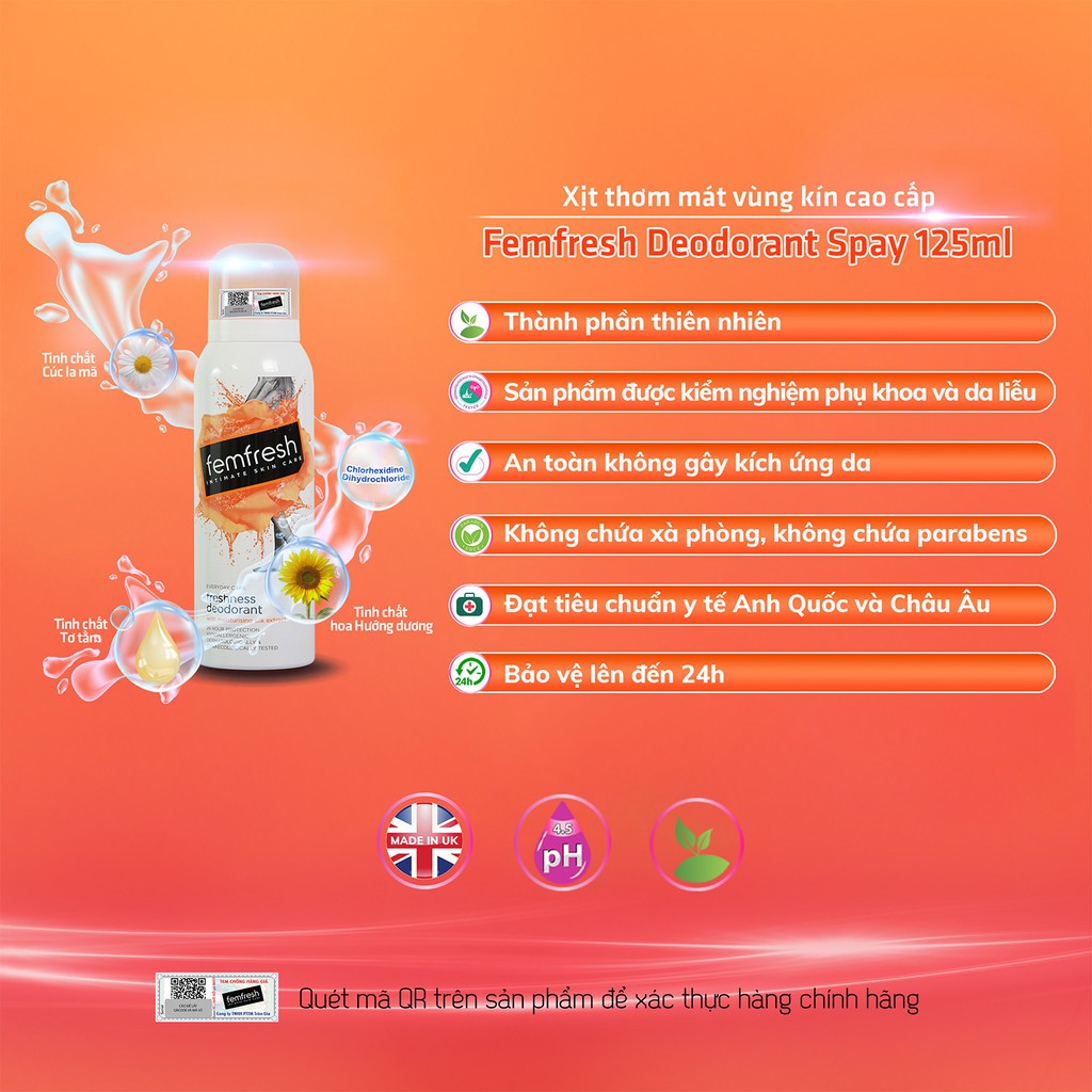 [Nhập FEMFEM2 giảm 20K + Quà Tặng] Xịt Thơm Mát, Khử Mùi Vùng Kín Lưu Hương Suốt 24h Femfresh Deodorant Spray 125ml | BigBuy360 - bigbuy360.vn