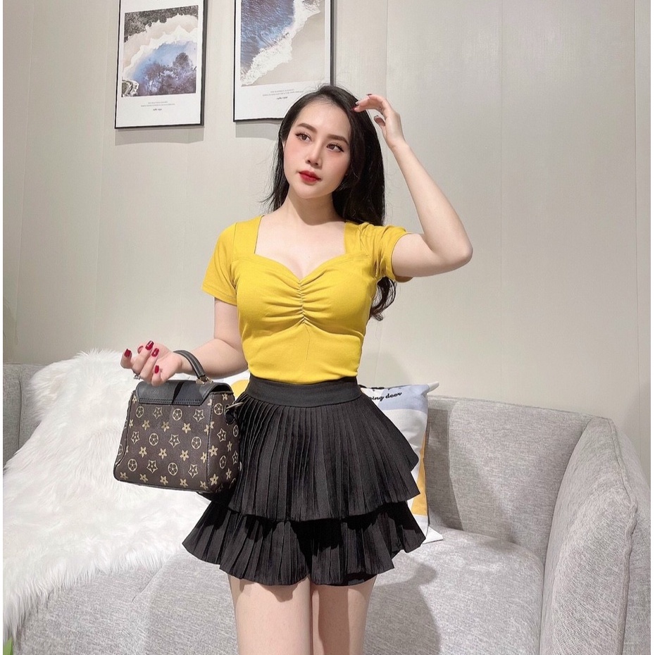 Áo thun nữ kiểu cổ vuông nhún ngực ôm body - Áo phông nữ tay ngắn chất thun cotton mềm mại tôn dáng