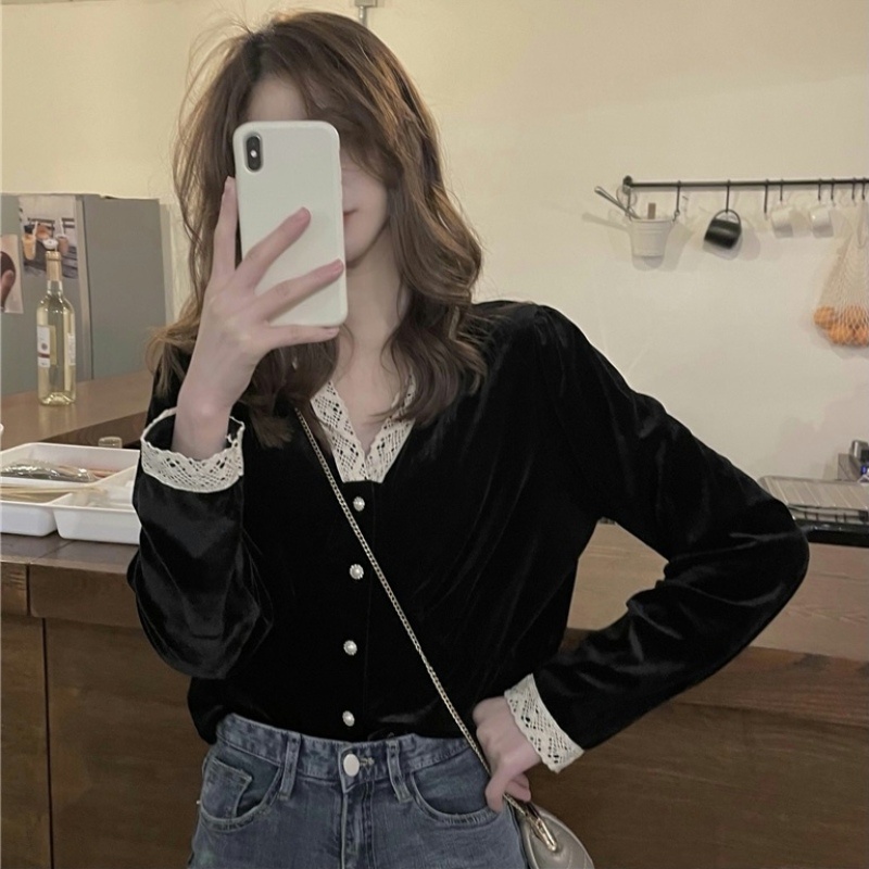 Áo nhung tay ngắn cổ chữ V phối ren thời trang mùa thu