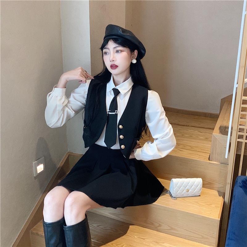 Set áo sơ mi trắng tay dài kèm cà vạt + vest gile croptop không tay + váy ngắn lưng cao xếp ly nâu đen ulzzang