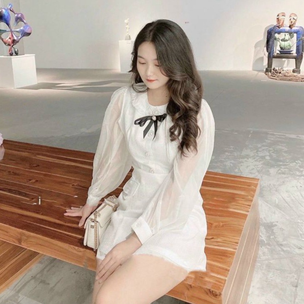 Đầm Nữ Màu Trắng Cổ Sen Tay Voan Siêu Xinh HNK368