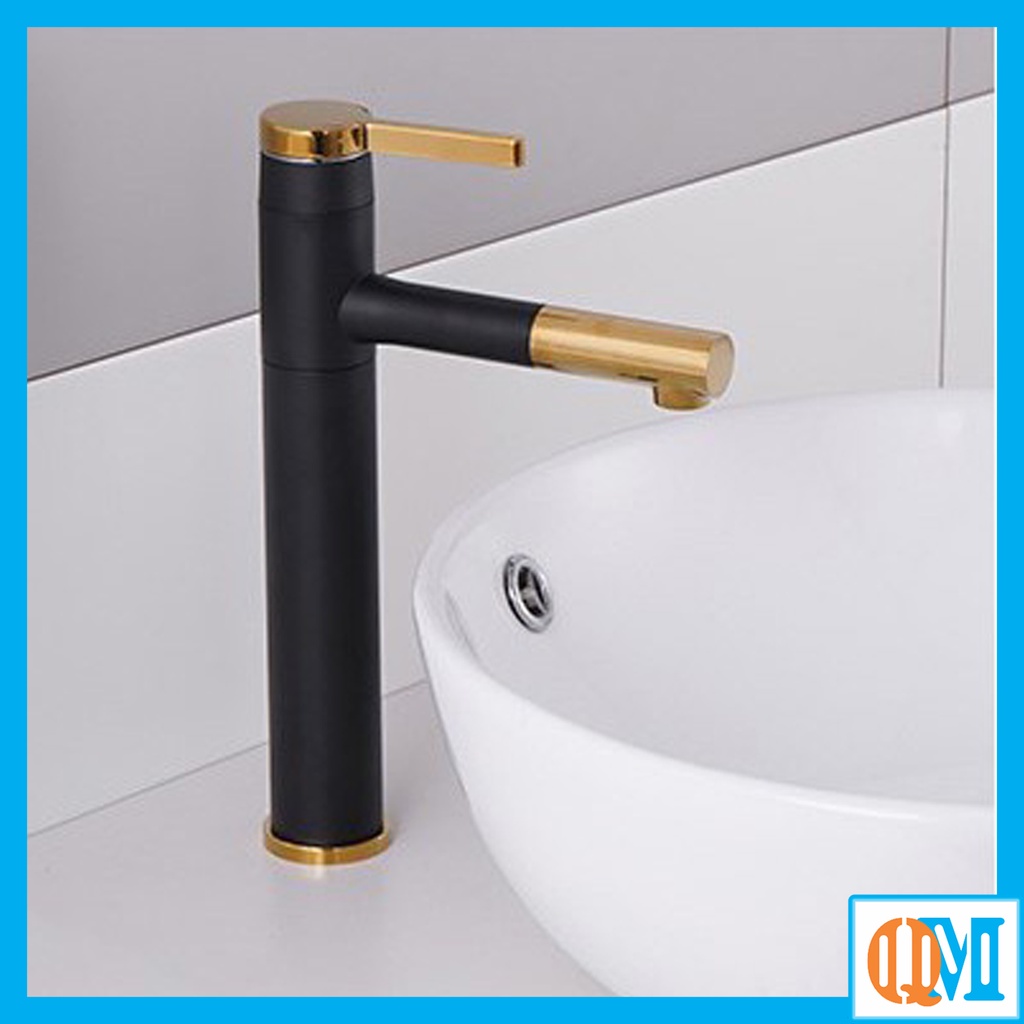 (Kèm dây cấp nước) Vòi nóng lạnh bồn rửa mặt, Vòi Lavabo thân trụ sơn tĩnh Đen Vàng thiết kế sang trọng, hiện đại