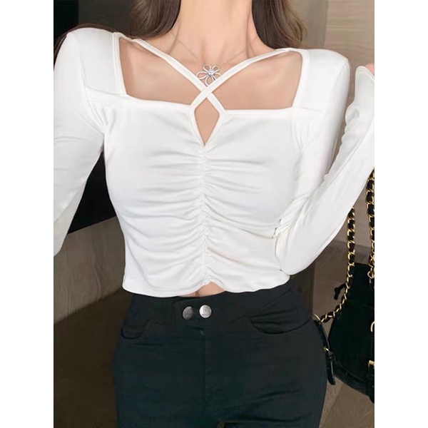 Áo kiểu tay dài croptop cổ vuông kiểu dây chít tiểu thư