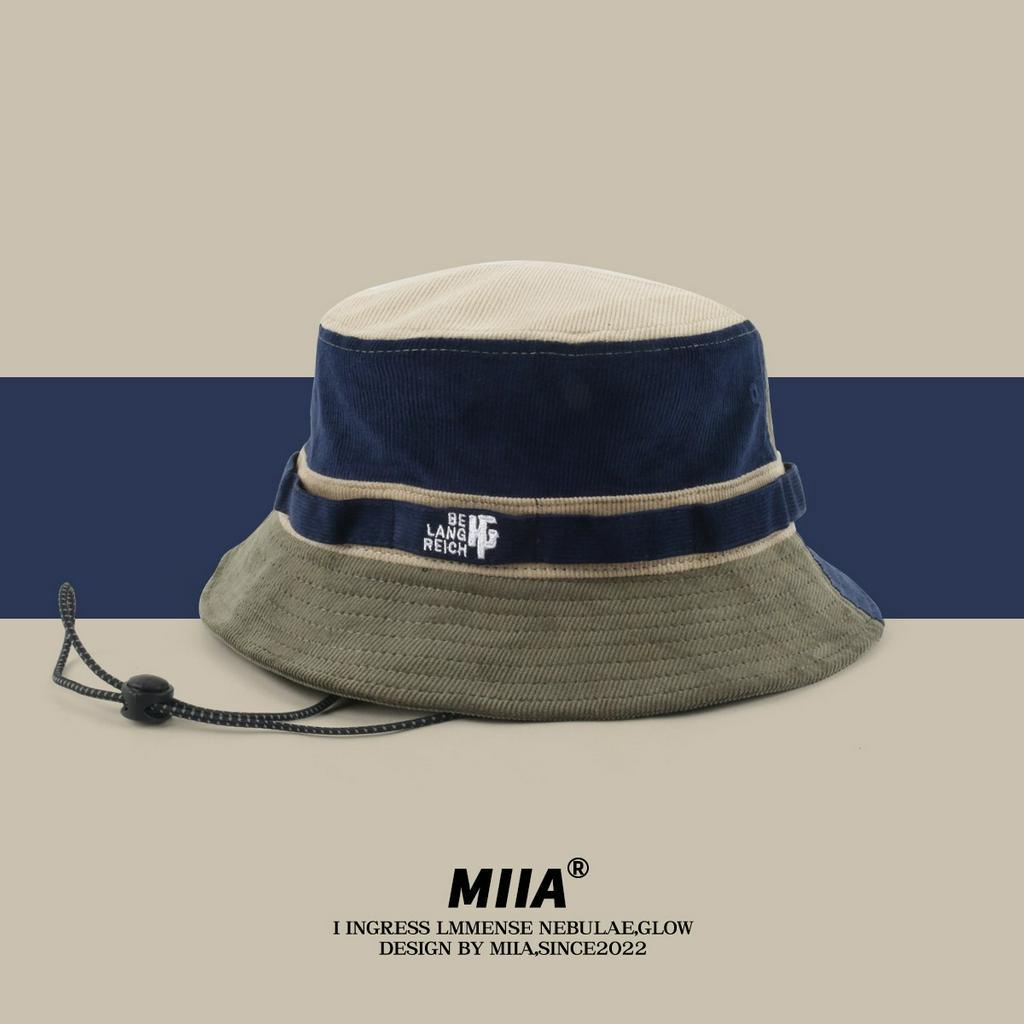 Mũ Bucket Dây Rút Bằng Nhung Kẻ Màu Sắc Tương Phản Phong Cách Nhật Bản Cho Nam
