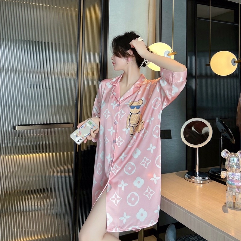 Váy ngủ sơ mi tay lỡ ro bốt đeo kính K007 lụa satin cao cấp quảng châu.