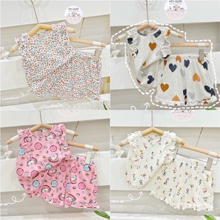 Bộ Cotton Tay Bèo Hoạ Tiết Xinh Xẻo Cho Bé Gái 9-18kg
