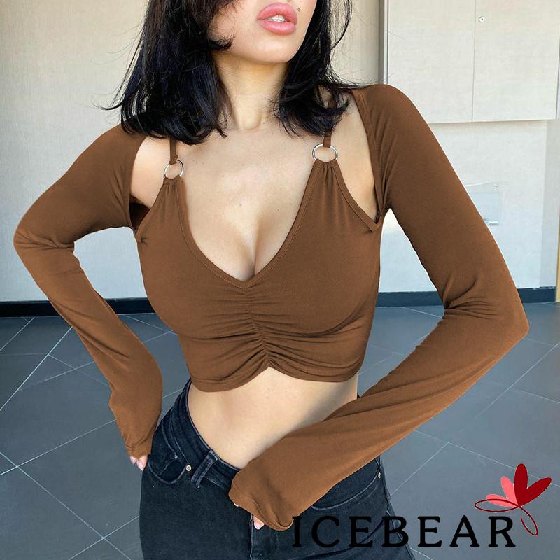 ICE-Women´s Crop Tops Solid Color Deep V Neck Long Sleeves Cropped Navel Shirt Blouse