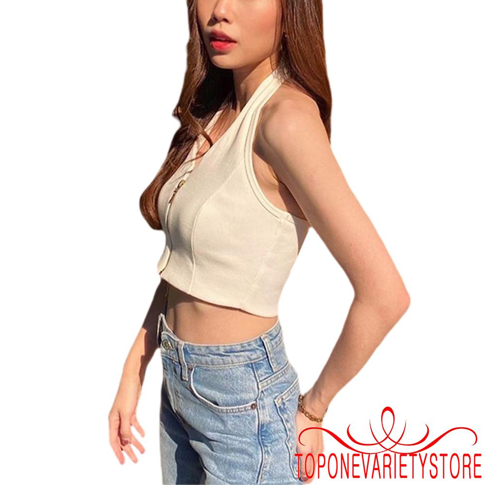 [Mã FAMAYWA giảm 10K đơn 50K] Áo croptop sát nách cổ chữ V hở lưng có khóa kéo trước thời trang mùa hè cho nữ | BigBuy360 - bigbuy360.vn