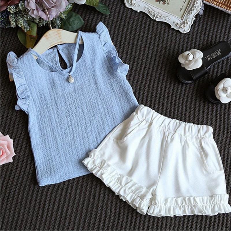 Summer Baby Girls Pearl Sleeveless Chiffon Vest Tops+Shorts Suits Casual Outfits Sets