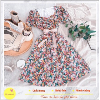 Đầm Hoa Xoè Cổ Vuông Nhún Ngực Tay Phồng