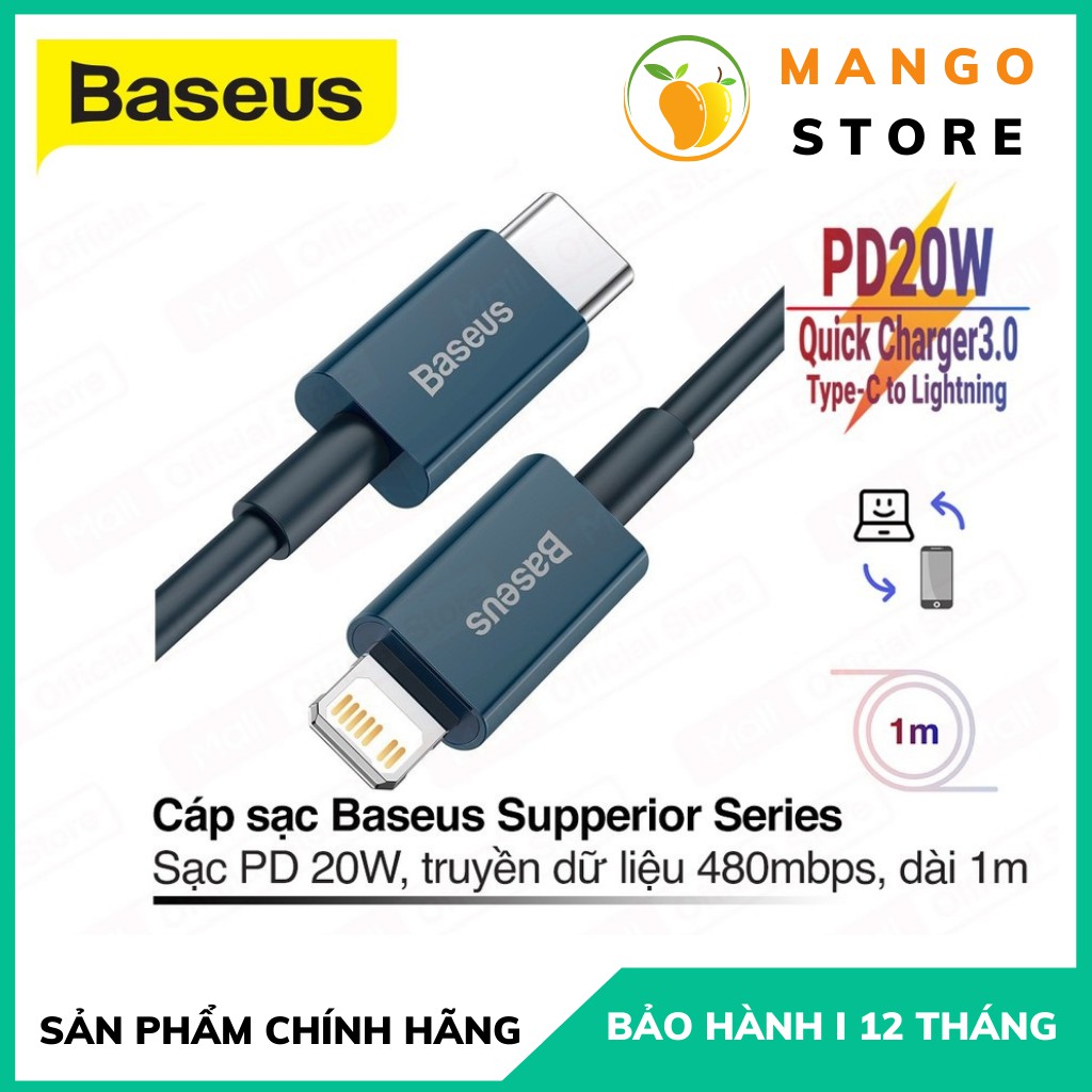 Dây cáp sạc nhanh 20w iPhone Type-C to Lightning cho iPhone X XSM 11 11Promax 12 12Promax Chính Hãng Baseus