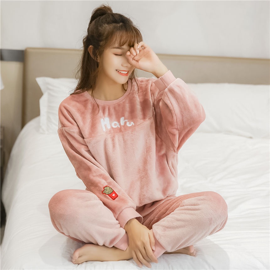Bộ đồ ngủ vải nỉ dày dặn dáng rộng phong cách Hàn Quốc thời trang thu đông nữ tính thanh lịch