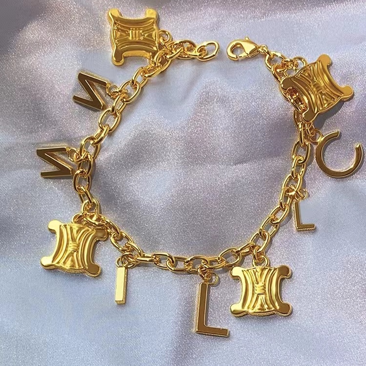 'Boutique Spot'C LOGO TRIOMPHE Vàng Hoàn thiện Brass Necklace Bracelet Set Hàn Quốc 2022 Mới tái tạo thanh lịch Vintage Thời trang Không phai cho phụ nữ B109/B050