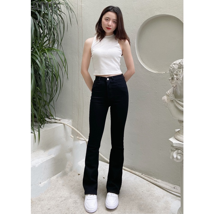 Quần jean ống loe EMIX (2 màu), basic trouser, dáng dài 100cm, lưng cao co giãn, ống ôm và loe, chất vải jeans mềm 97
