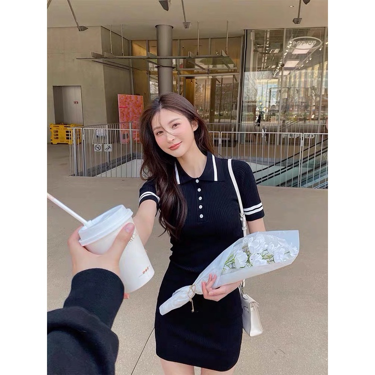 Váy body đầm dáng ôm dài sexy cổ đức trơn polo cổ v ulzzang Hàn quốc  S5T5-1