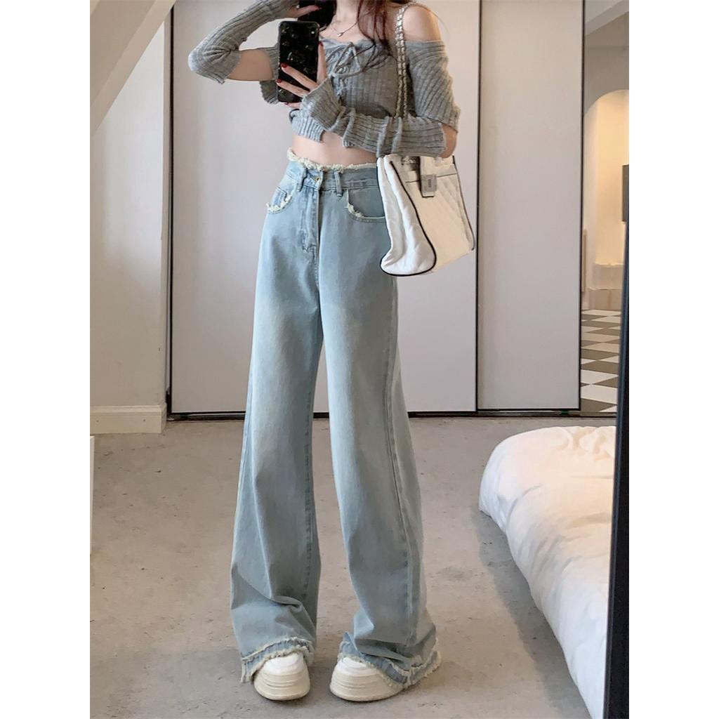 Quần Jeans Sờn Ống Rộng Cạp Cao Viền Tua Rua Phong Cách Mới 63618