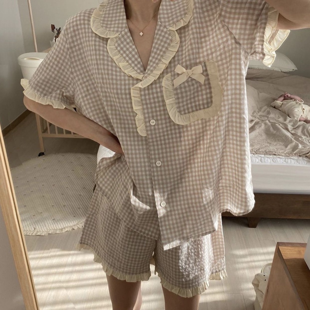 Set Đồ Ngủ Sọc Ca Rô Xinh Xắn Dành Cho Nữ