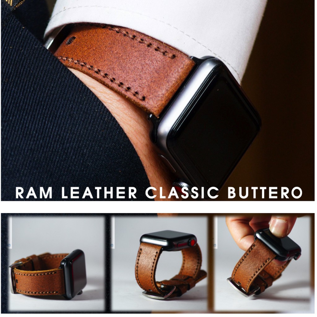 Dây apple watch da bò thật RAM Leather buttero nâu đỏ handmade bền chắc cực đẹp- Tặng khóa chốt và adapter