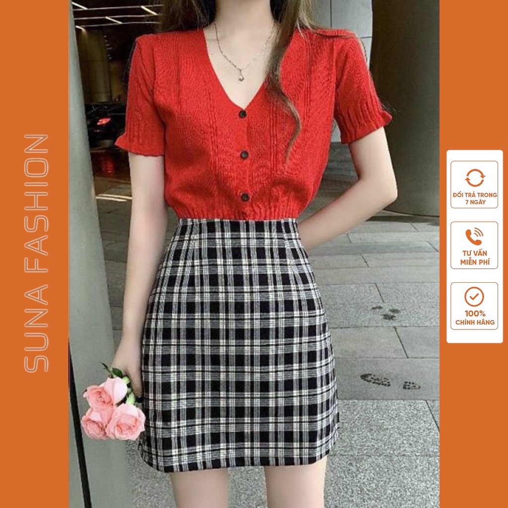 Chân váy chữ A lưng cao hoạ tiết caro, Chân váy ngắn công sở SUNA FASHION ôm dáng từ 42 - 60kg