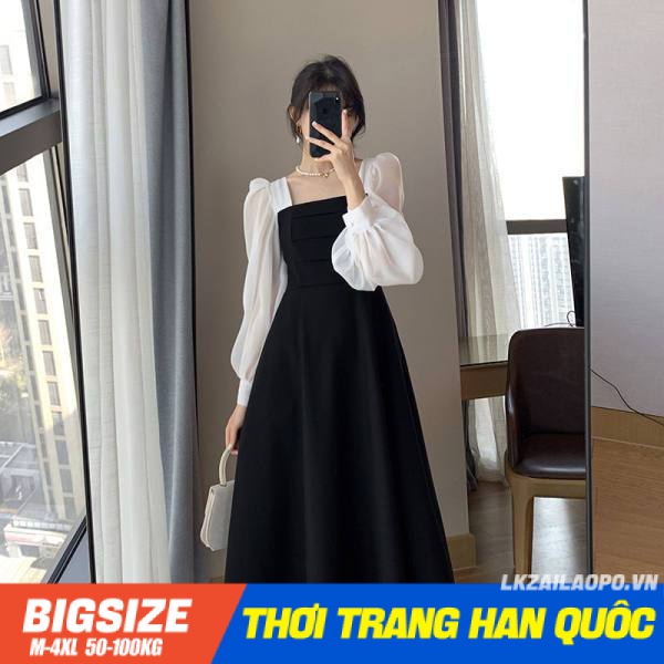 Váy đầm nữ Bigsize Đầm dự tiệc sang trọng dáng xoè tay dài cổ vuông đen mùa xuân Phong cách Hàn Quốc Thời Trang đẹp