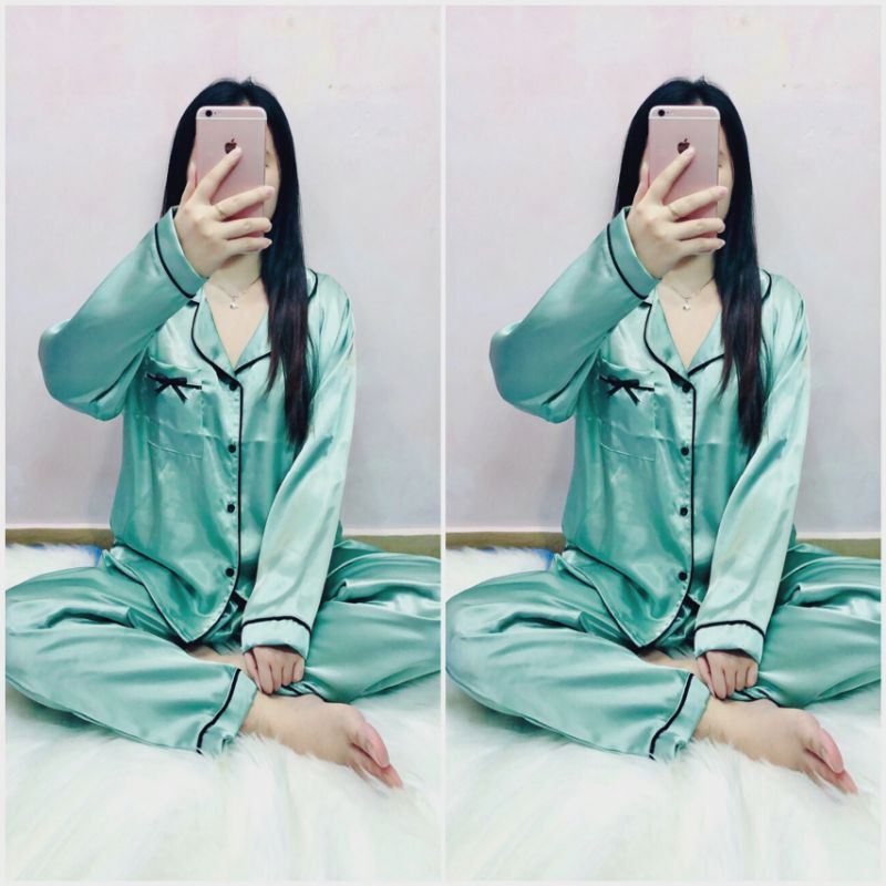 [ BIGSIZE ] Pijama phi lụa bigsize viền nơ tay dài 60-75kg