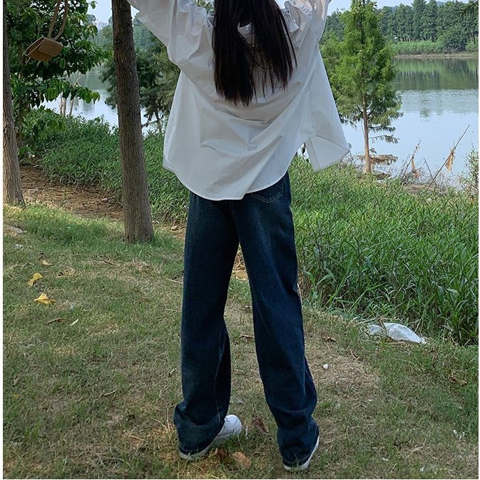 Quần Jean Dài Lưng Cao Ống Rộng Thiết Kế Mới Thời Trang Mùa Thu Dành Cho Nữ