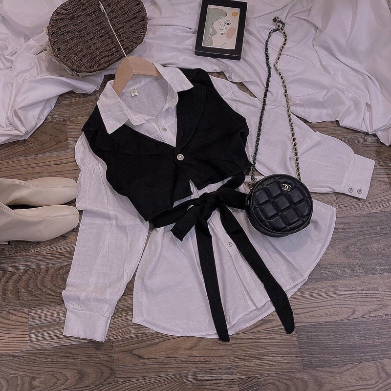 SET ÁO KHOÁC VEST SÁT NÁCH CỘT NƠ + ÁO SƠ MI VOAN FORM DÀI - T4U084