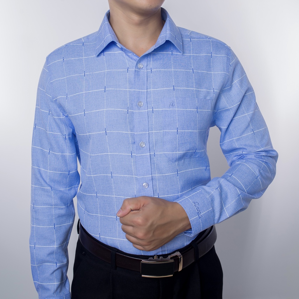 Áo Sơ Mi Nam Công Sở Trung Niên Thương Hiệu Anton Xanh Dương Kẻ Caro Dài Tay Họa Tiết In Chìm - 8553
