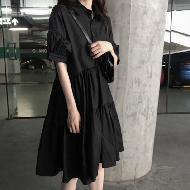 (có sẵn) CÓ ẢNH THẬT Đầm/ váy đen cổ polo dáng xoè ulzzang cao cấp