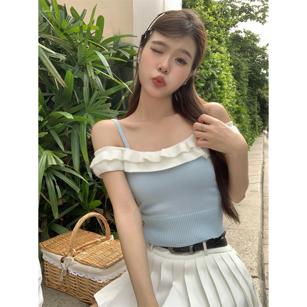 Thời trang Hàn Quốc Pleated Sling Vest Hot Girl Wind Single Shoulder Short Bra Top