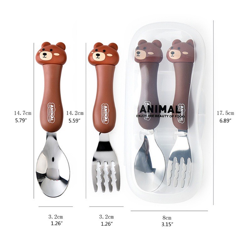 Bộ muông nĩa ăn dặm Inox 304 hình động vật cho bé - KÈM HỘP NHỰA - Set thìa nĩa Happypig
